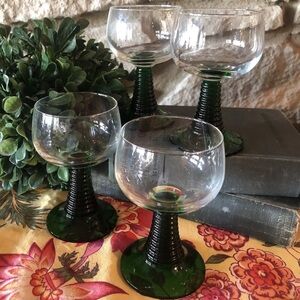 4 Vintage Luminarc Green Stem Ribbed Beehive Wine Cordial Liqueur Glasses 4.5"
